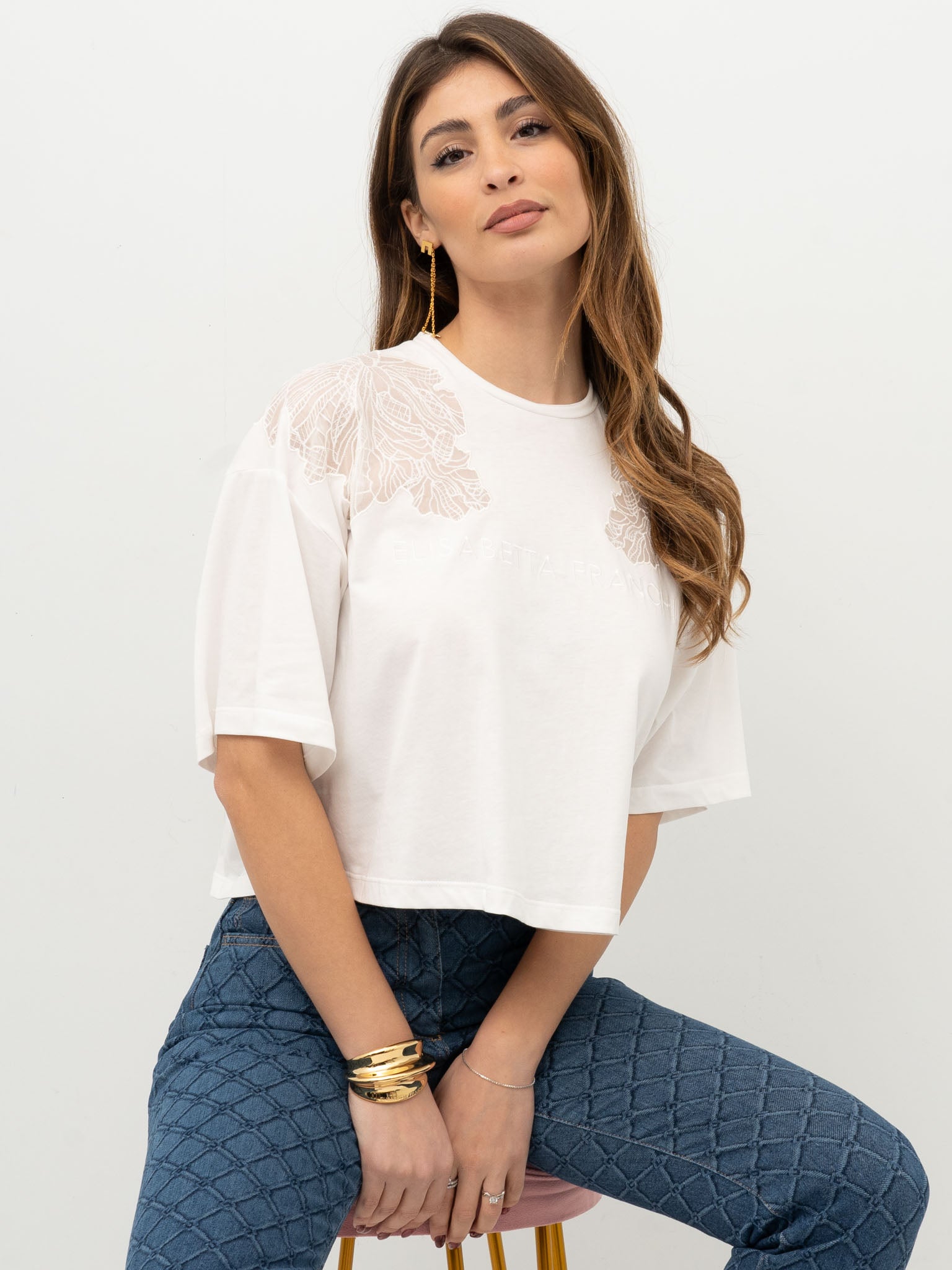 Tシャツ・カットソー ELISABETTA FRANCHI Women Tops MA01851E2270 White T-SHIRT ELISABETTA FRANCHI MA01851E2 – Niklo Boutique